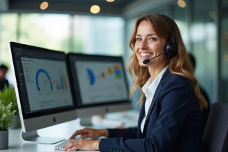 Conseillère service client en blazer marine avec casque téléphonique devant un écran CRM dans un bureau moderne