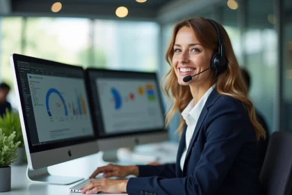 Conseillère service client en blazer marine avec casque téléphonique devant un écran CRM dans un bureau moderne