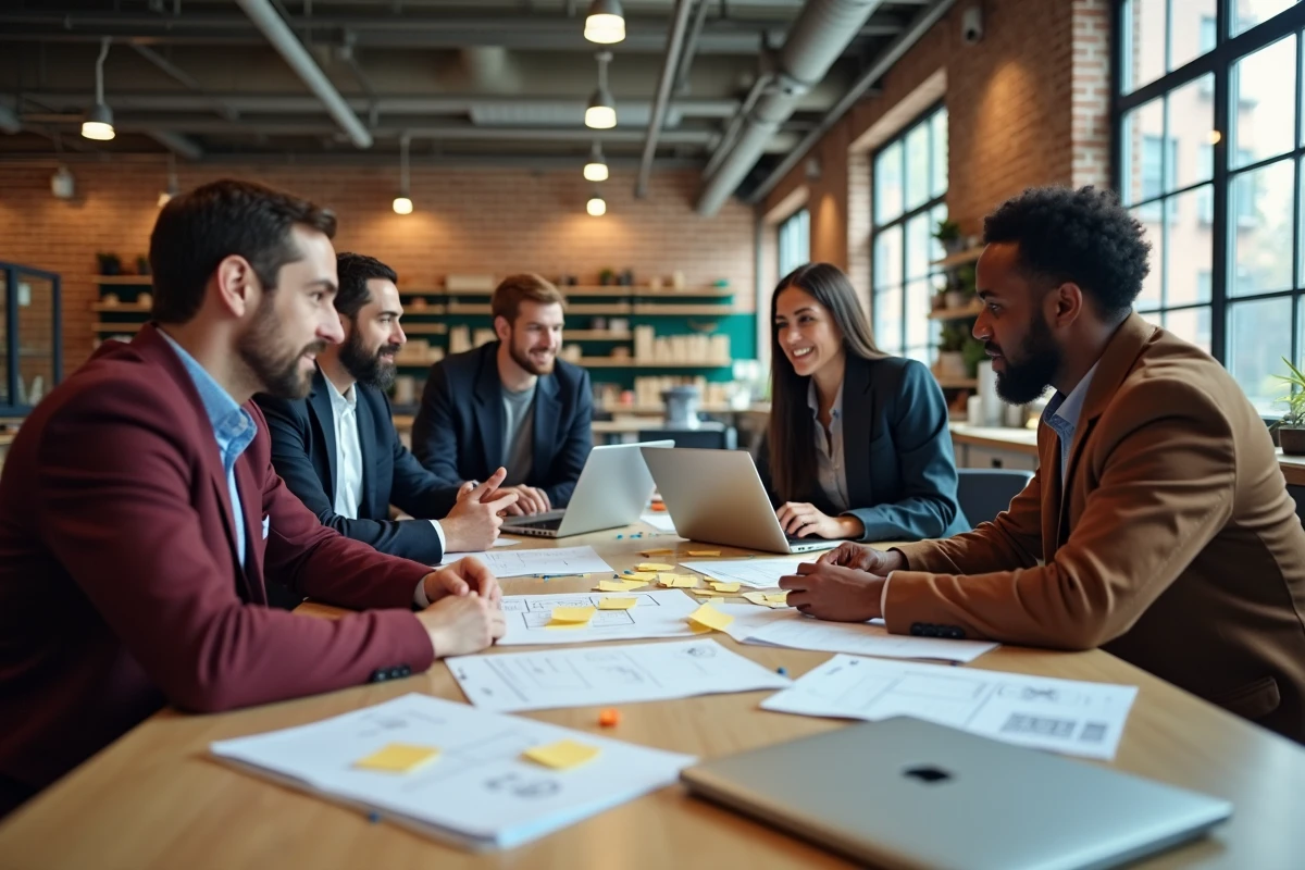 Groupe de jeunes professionnels en session de brainstorming dans un laboratoire d'innovation universitaire avec des notes autocollantes et des prototypes