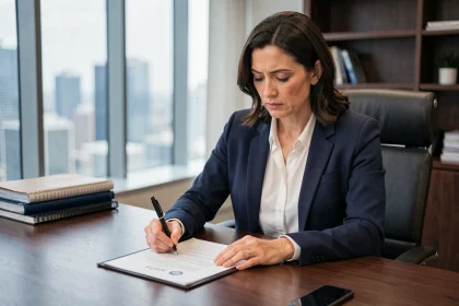 Femme cadre signant un document officiel pour le compte d'un employé dans un bureau d'entreprise moderne