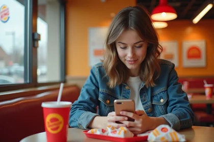 Jeune femme remplissant un sondage de satisfaction Burger King sur son smartphone dans un restaurant