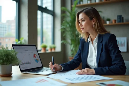 Professionnelle analysant une stratégie de diffusion de contenu digital sur un tableau de bord en ligne dans un bureau moderne