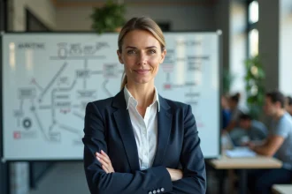 Femme d'affaires devant un tableau blanc avec une stratégie marketing B2B structurée en diagrammes