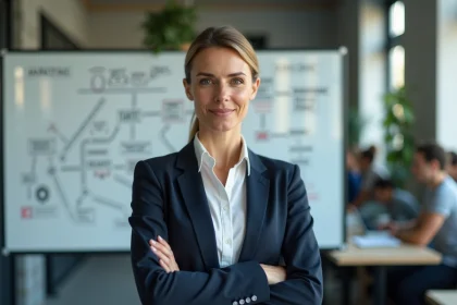 Femme d'affaires devant un tableau blanc avec une stratégie marketing B2B structurée en diagrammes