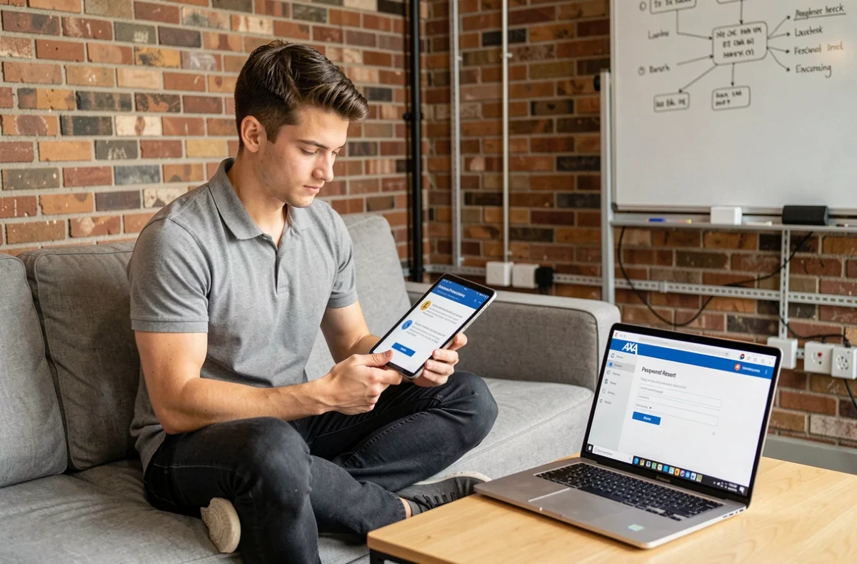 Technicien informatique consultant un guide de dépannage pour résoudre un problème de connexion à l'extranet AXA courtage