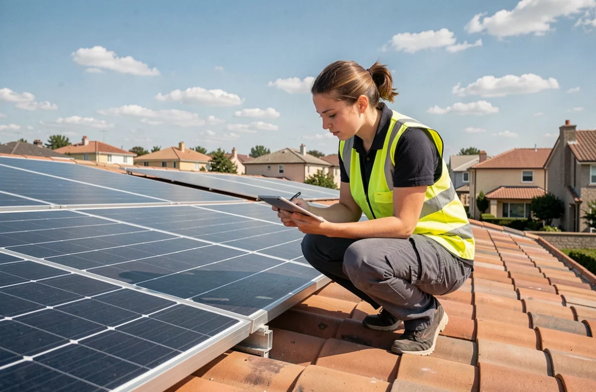 Technicienne SYLVIDRA ENERGY inspectant des panneaux solaires installés sur un toit résidentiel avec une tablette numérique