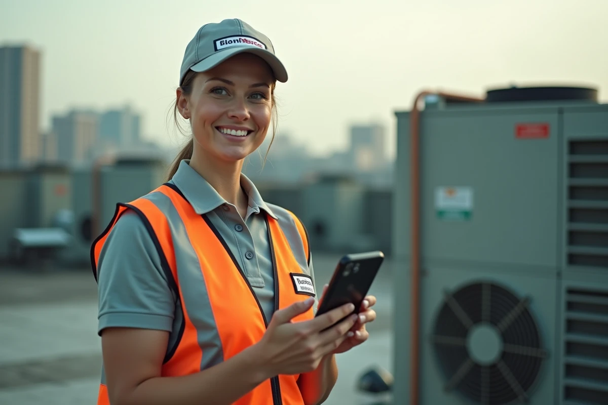 Technicienne de maintenance sur un toit consultant l'application mobile Twimm synchronisée avec un ERP lors d'une intervention terrain