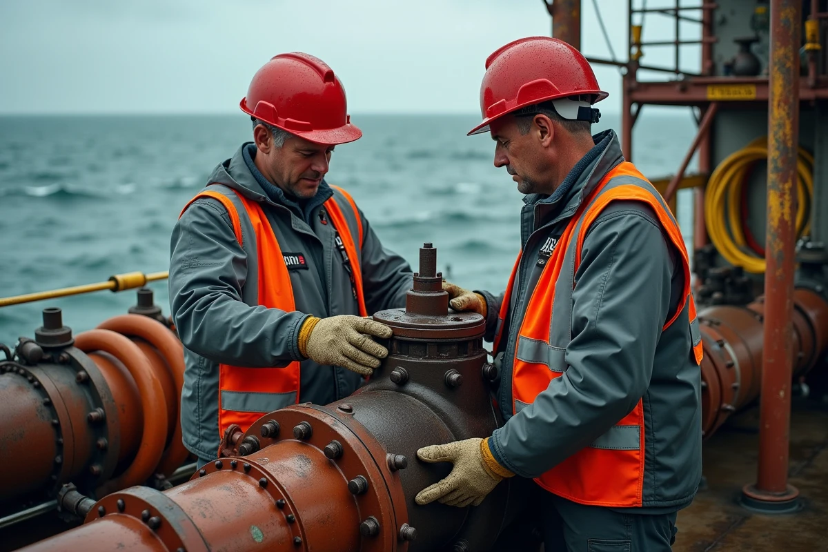 Deux techniciens travaillant ensemble sur une vanne industrielle sur le pont d'une plateforme pétrolière en mer