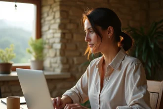Femme travaillant en full remote depuis son bureau à domicile en province avec vue sur la campagne française