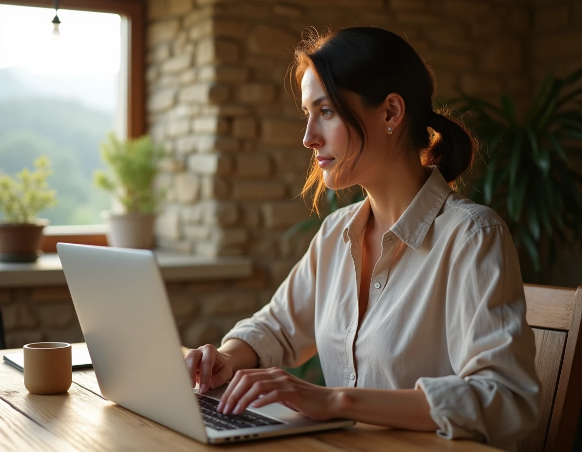 Femme travaillant en full remote depuis son bureau à domicile en province avec vue sur la campagne française