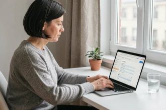 Femme en télétravail gérant ses demandes RH sur un portail en ligne depuis son bureau à domicile