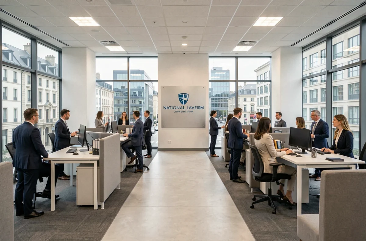 Bureau régional de TGS France Avocats dans le Nord, grand espace de travail moderne avec équipe d'avocats d'affaires et vue sur le quartier d'affaires