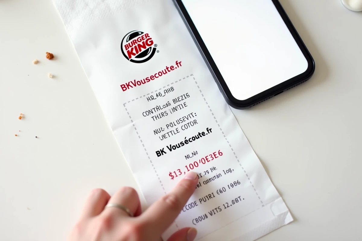 Gros plan d'un ticket de caisse Burger King avec le code d'invitation pour répondre au sondage BKvousecoute.fr