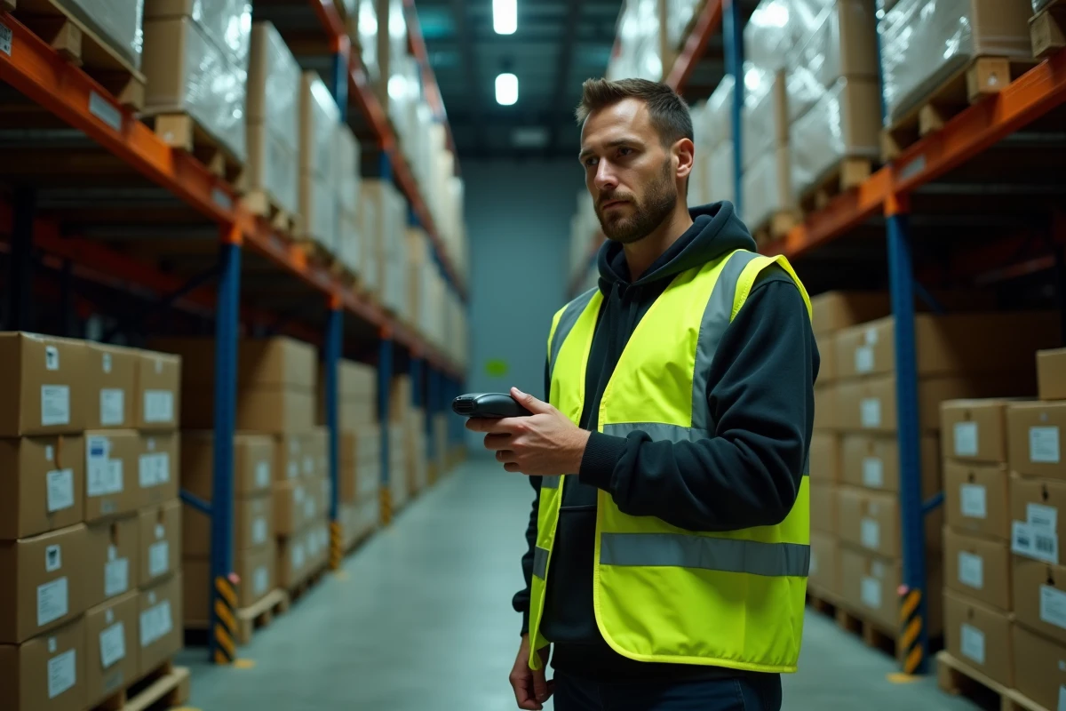 Ouvrier logistique travaillant de nuit dans un entrepôt, illustrant les droits au repos compensateur et aux majorations salariales de nuit