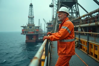 Travailleur sur une plateforme pétrolière offshore regardant l'horizon en combinaison de sécurité orange