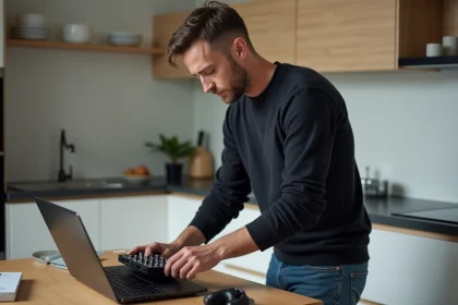 Homme d'&acirc;ge moyen d&eacute;ballant une interface audio &agrave; la cuisine