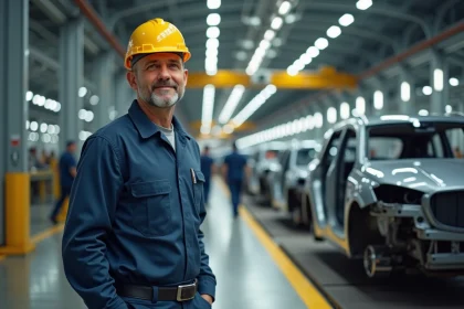 Ouvrier dans une usine automobile Stellantis sur une chaîne de montage industrielle moderne