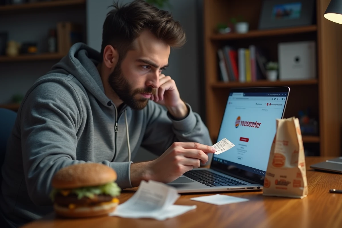 Homme saisissant son code de ticket Burger King sur le site BKvousecoute.fr depuis son bureau à domicile
