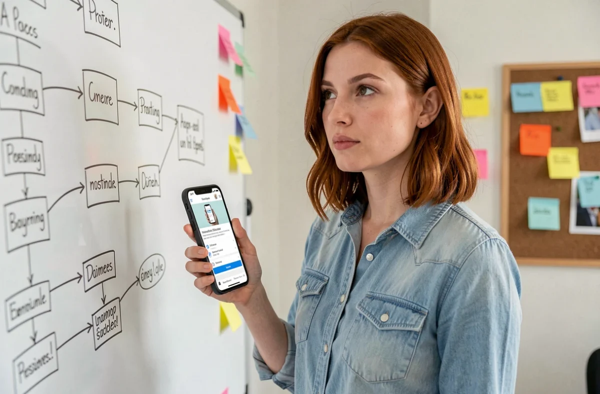 Cheffe de projet de l'agence Youdemus présentant une interface mobile responsive devant un tableau de flux utilisateurs dans un bureau startup